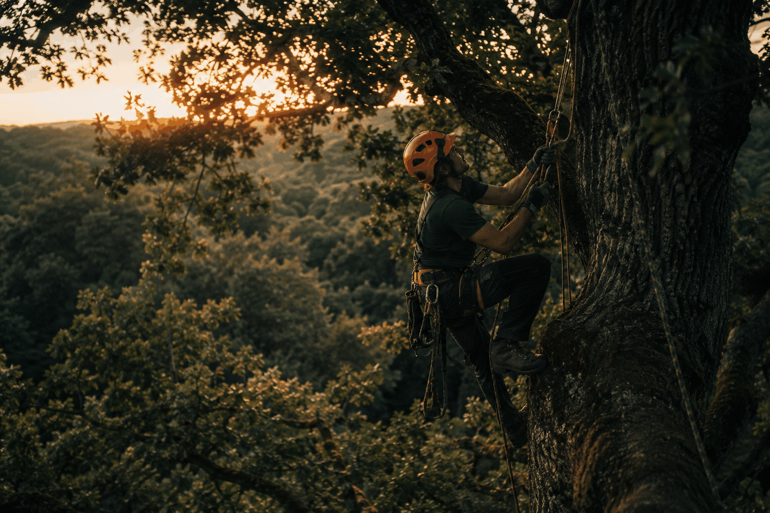 Arboriste-grimpeur en action dans la canopée au coucher du soleil